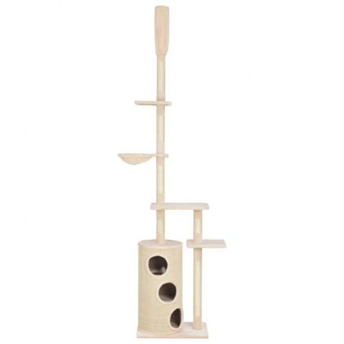 Arranhador bege para gatos com hastes de sisal.