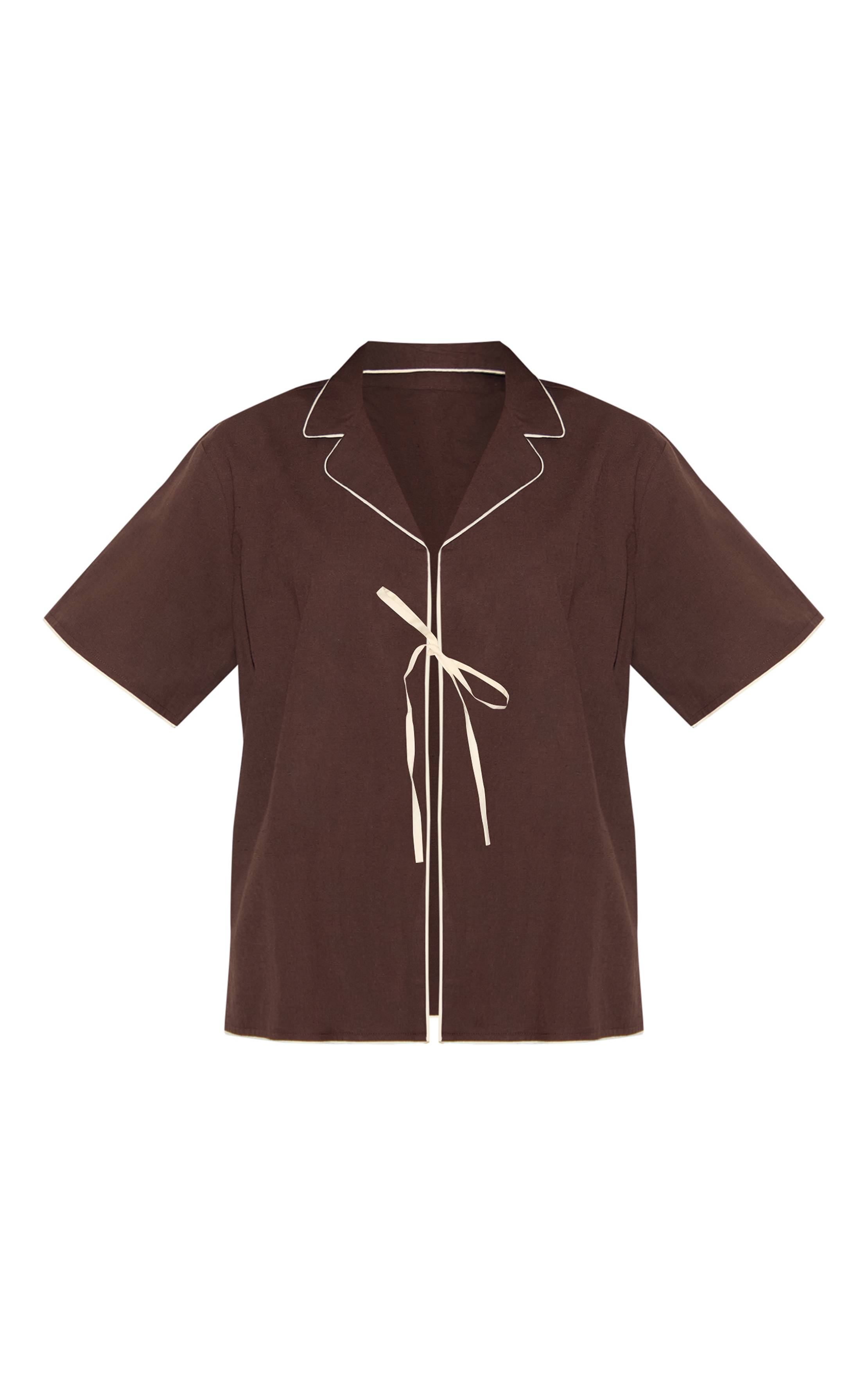 Marron Foncé Chemise Oversize Aspect Lin Avec Nœud Et Détails Contrastés