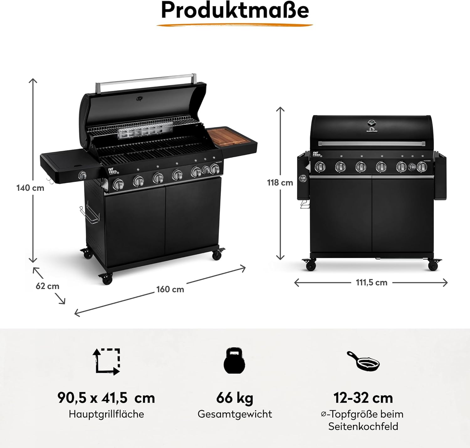 BURNHARD® Gasgrill 6-Brenner inkl. BACKBURNER, 900°C Infrarot-Keramikbrenner, Seitenkochfeld, Gusseisen-Grillrost, Grillabdeckung, Grillwagen, klappbare Seitentische, Schwarz – Fat FRED Deluxe