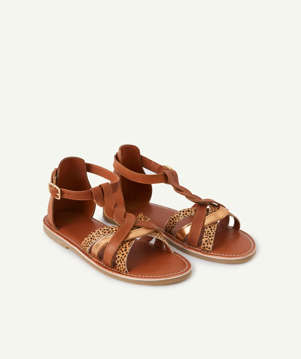 SANDALES FILLE EN CUIR MARRON ET LEOPARD
