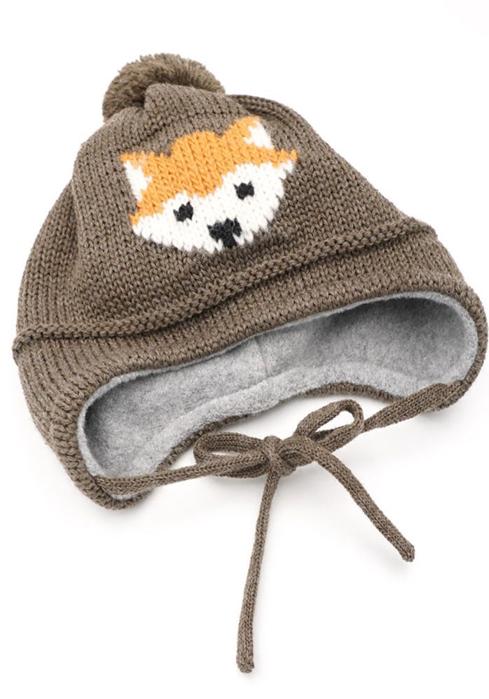 MAXIMO Strickmütze mit Fuchsmotiv mit Pompon und Bindeband