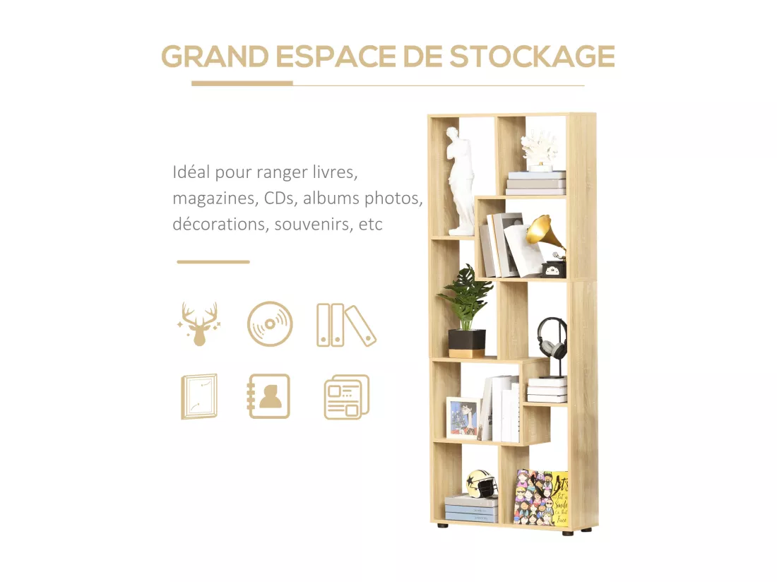 Bibliothèque étagère meuble de rangement dim. 70L x 24l x 178H cm en zigazag et 8 espaces en panneau de particules naturel