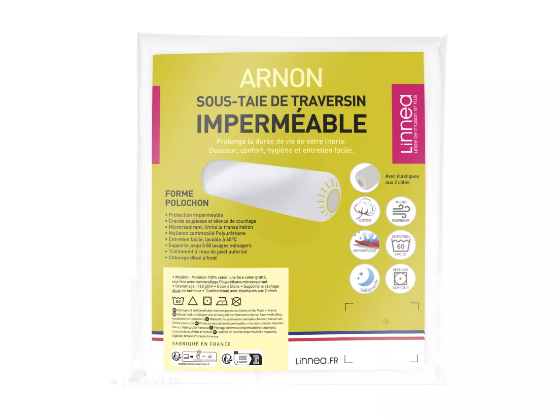 Housse de protection de traversin imperméable 180 cm ARNON molleton coton contrecollé polyuréthane