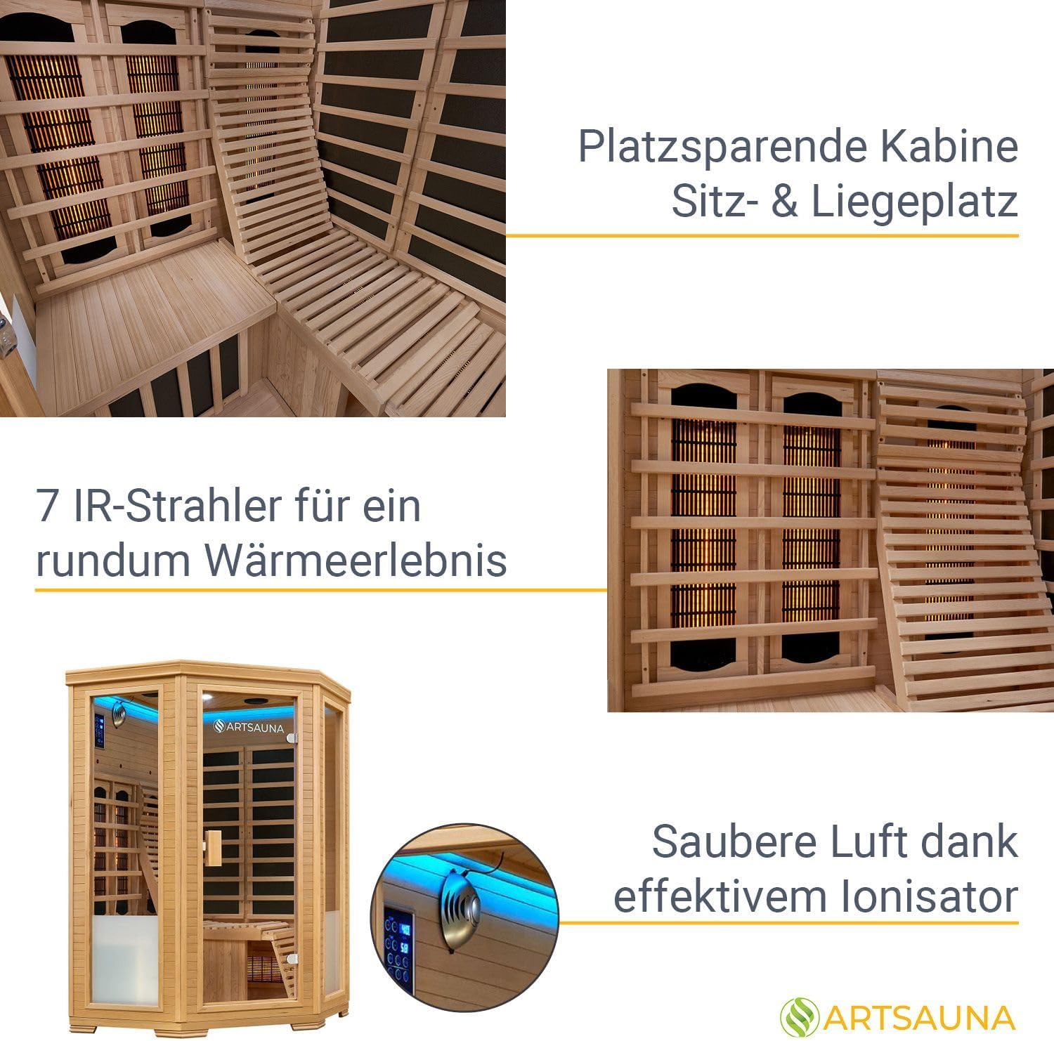 Artsauna Infrarotkabine Aalborg Dual-Technologie - 120x120x190 cm - 2 Personen - mit Relaxliege, Sitzbank, LED Farblicht & Glastür - Hemlock Holz Infrarotsauna