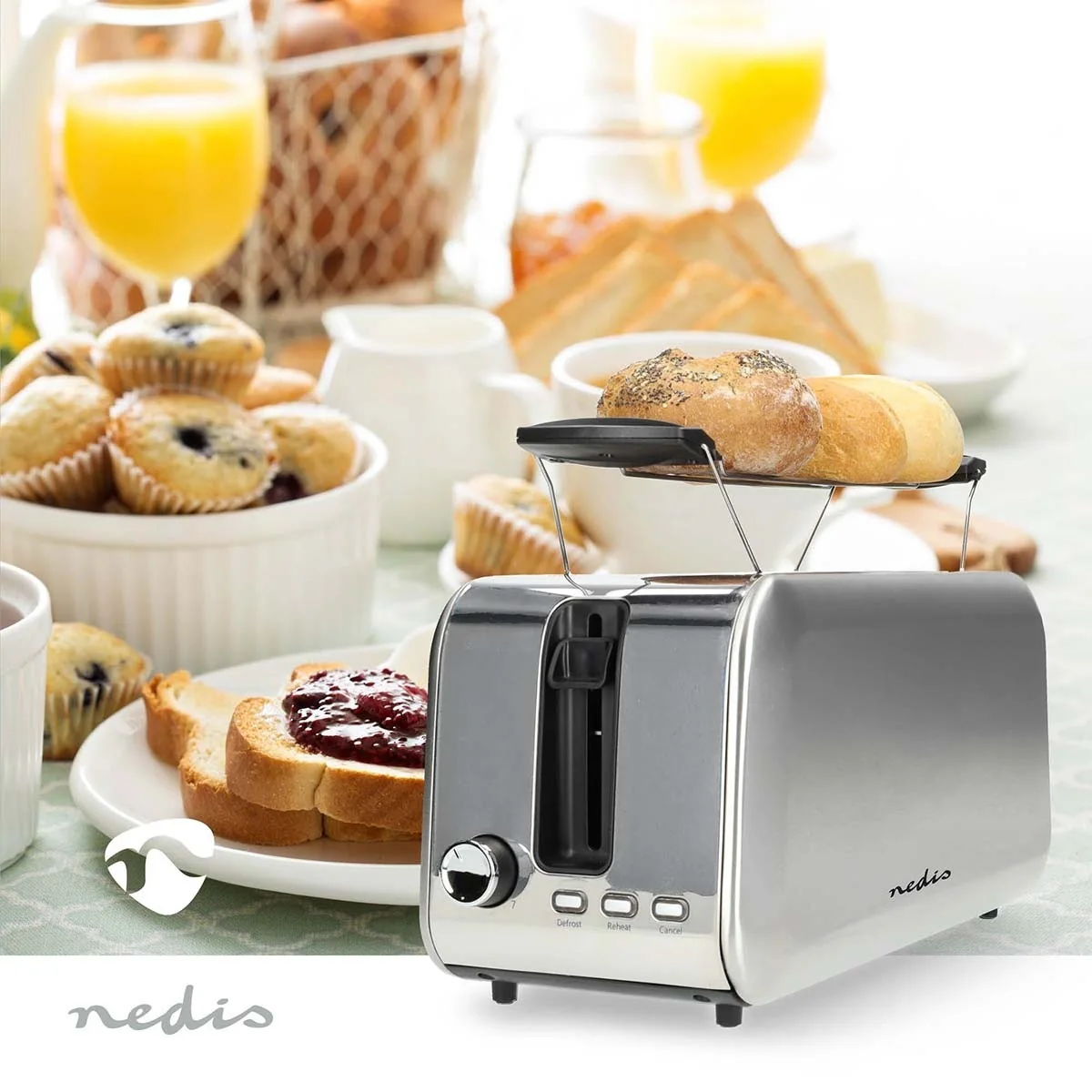 Nedis Brødrister | 4 Brødskiver | 2 Lange Spor | Browning nivåer: 7 | Avrimingsfunksjon | Aluminium / Sølv