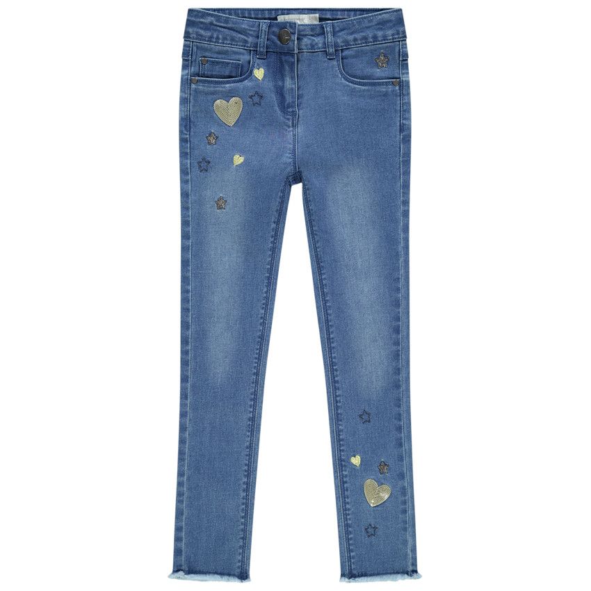 Jean skinny avec coeurs en sequins pour fille - Bleu moyen