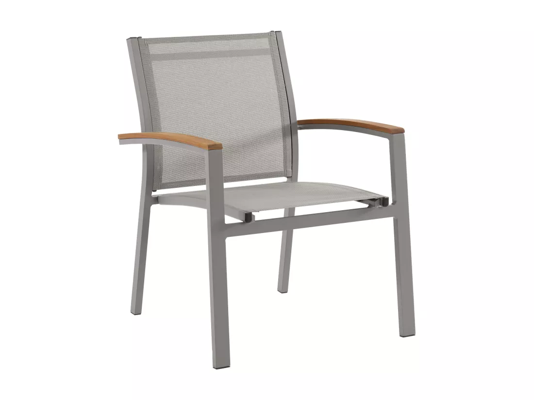 Salle à manger de jardin en aluminium : une table extensible L.180/240cm et 6 fauteuils empilables avec accoudoirs acacia - Taupe - NAURU de MYLIA