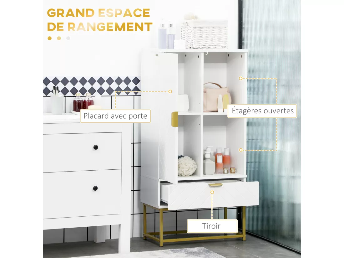 Meuble bas de salle de bain design - porte, étagère, tiroir, 2 niches, 1 tiroir - acier doré MDF blanc