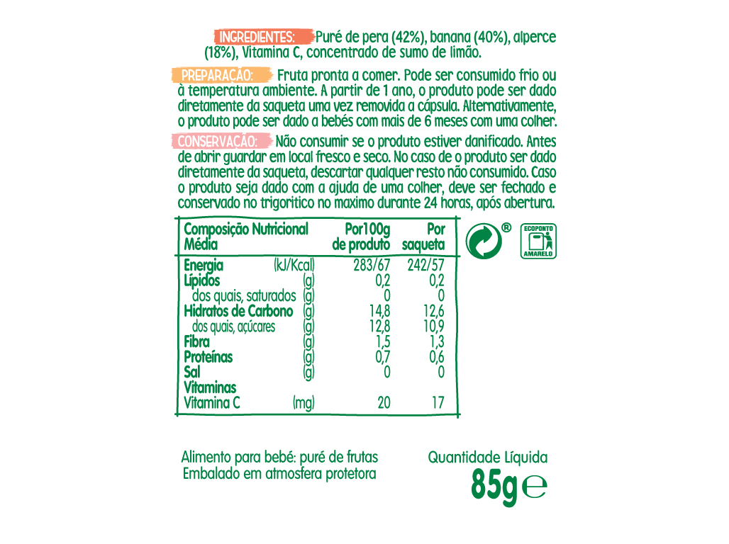 SAQUETA BLEDINA 100% PÊRA BANANA E ALPERCE 85G