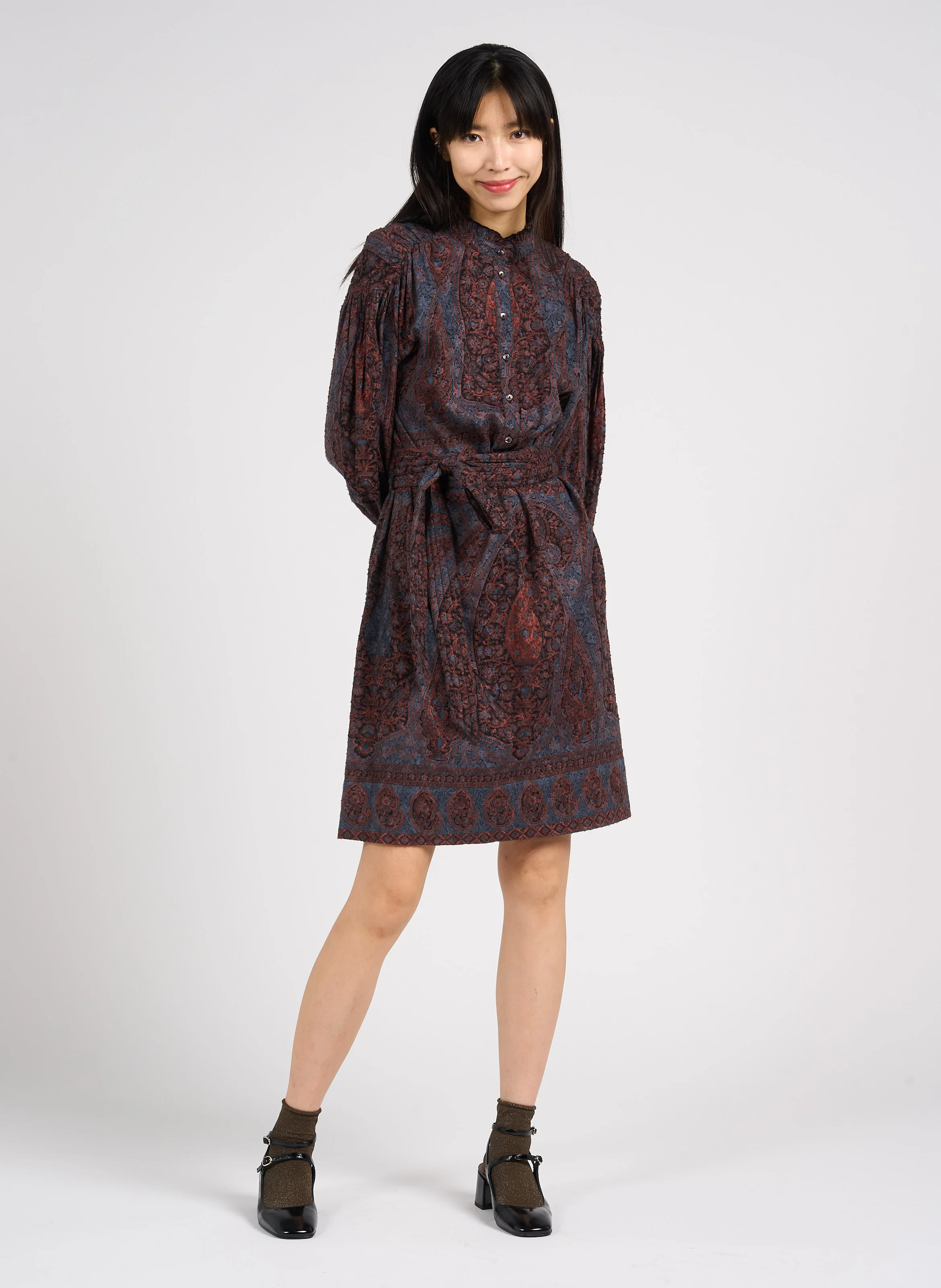 TAJARO - Robe midi droite col montant en coton | Noir