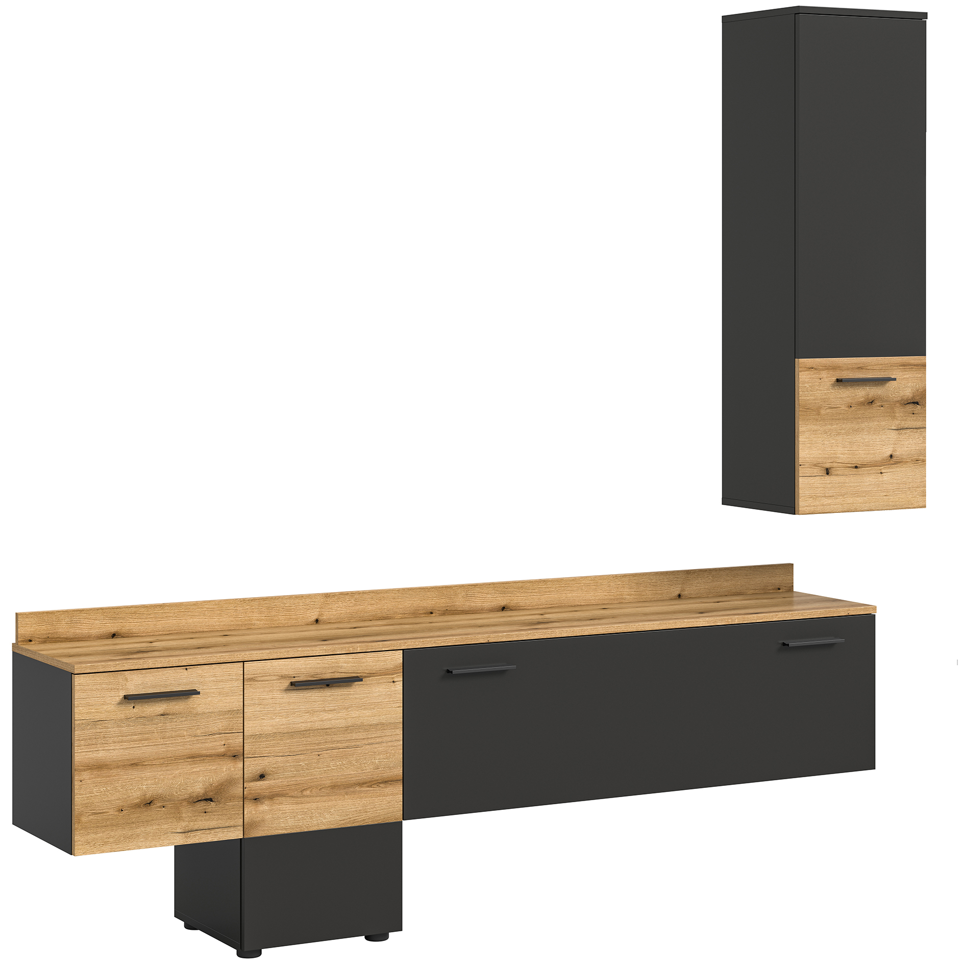 2-teiliges Wohnwand-Set GOAL - grau - Evoke Oak - LED-Beleuchtung