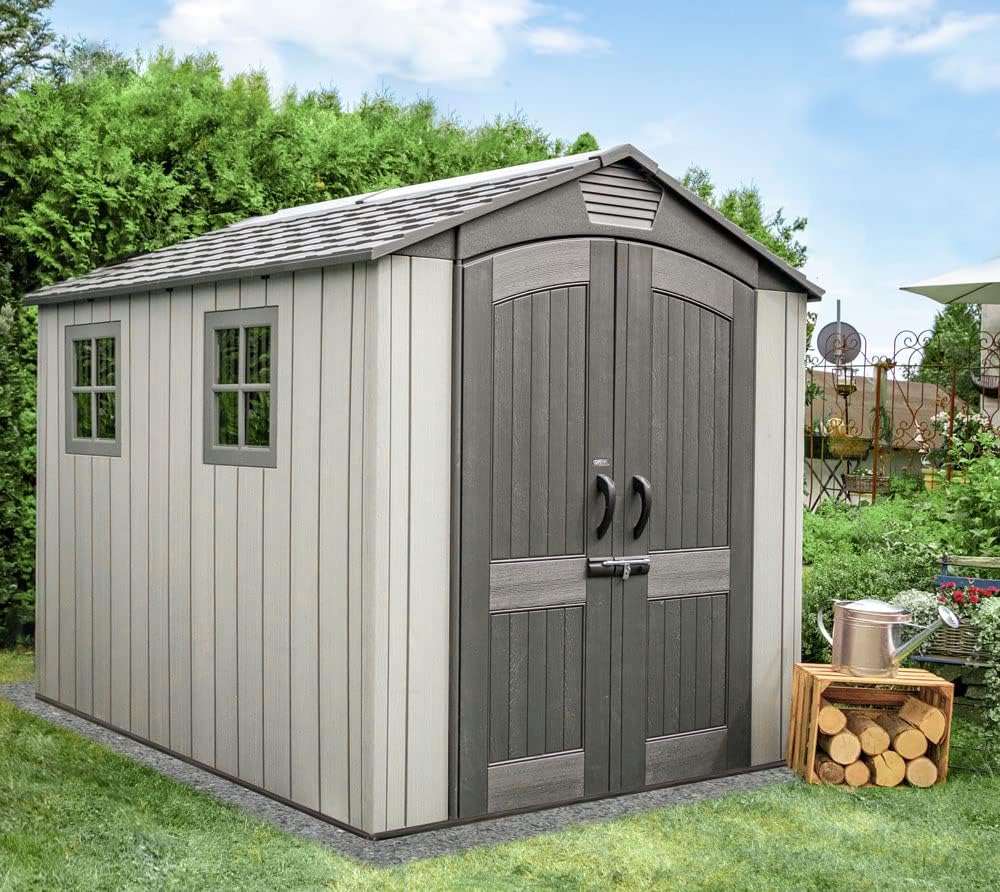 Lifetime Kunststoff Gerätehaus Luna | 280x213x228 cm | Mit Bodenplatte & Zubehör | Wetterfest & UV-beständig | Hohe Schneelast 195 kg/m² | Lichteinlass über den First | Doppeltür & Belüftungssystem