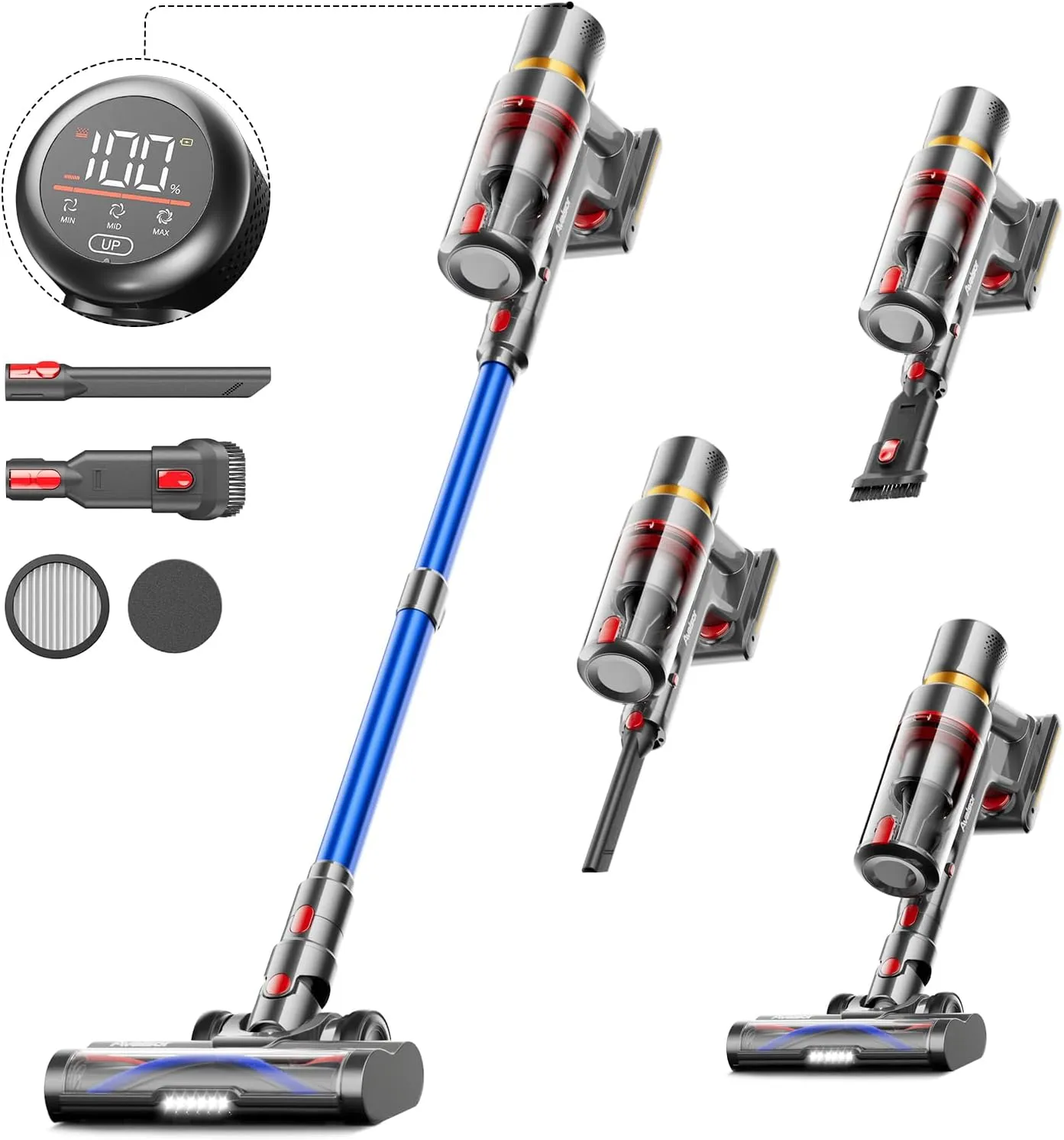 Avalsor Akku Staubsauger 45000Pa/550W/65Min, 1.5L Staubsauger Kabellos mit LED Touchscreen und mit Anti-Tangle-Bürste, Akku Staubsauger Kabellos mit 8 Schichten Filter für Hartböden/Teppich/Tierhaare
