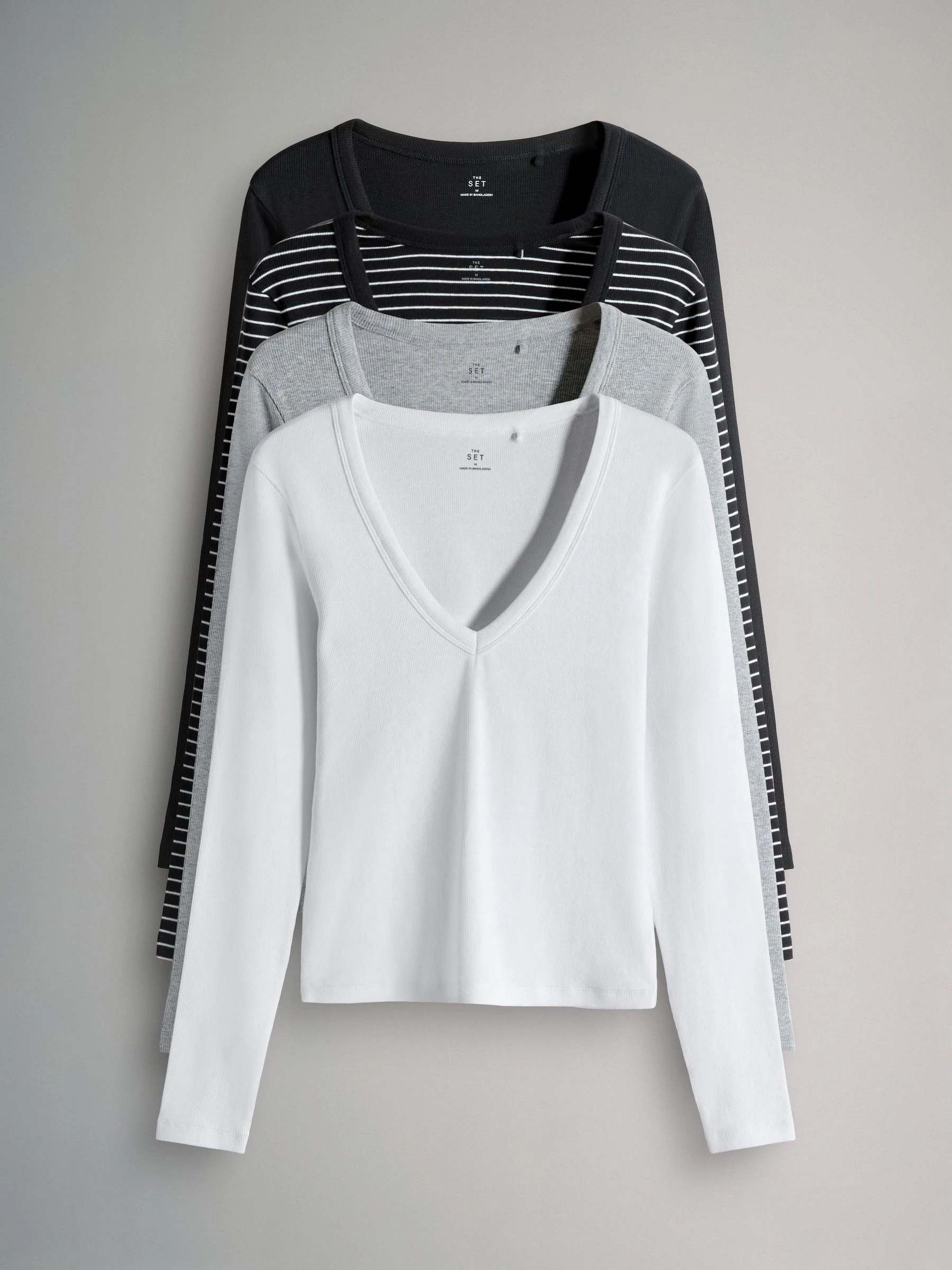 Black/Stripe/Grey/White - The Set 4 Pack V-Neck Ribbed Long Sleeve T-Shirts