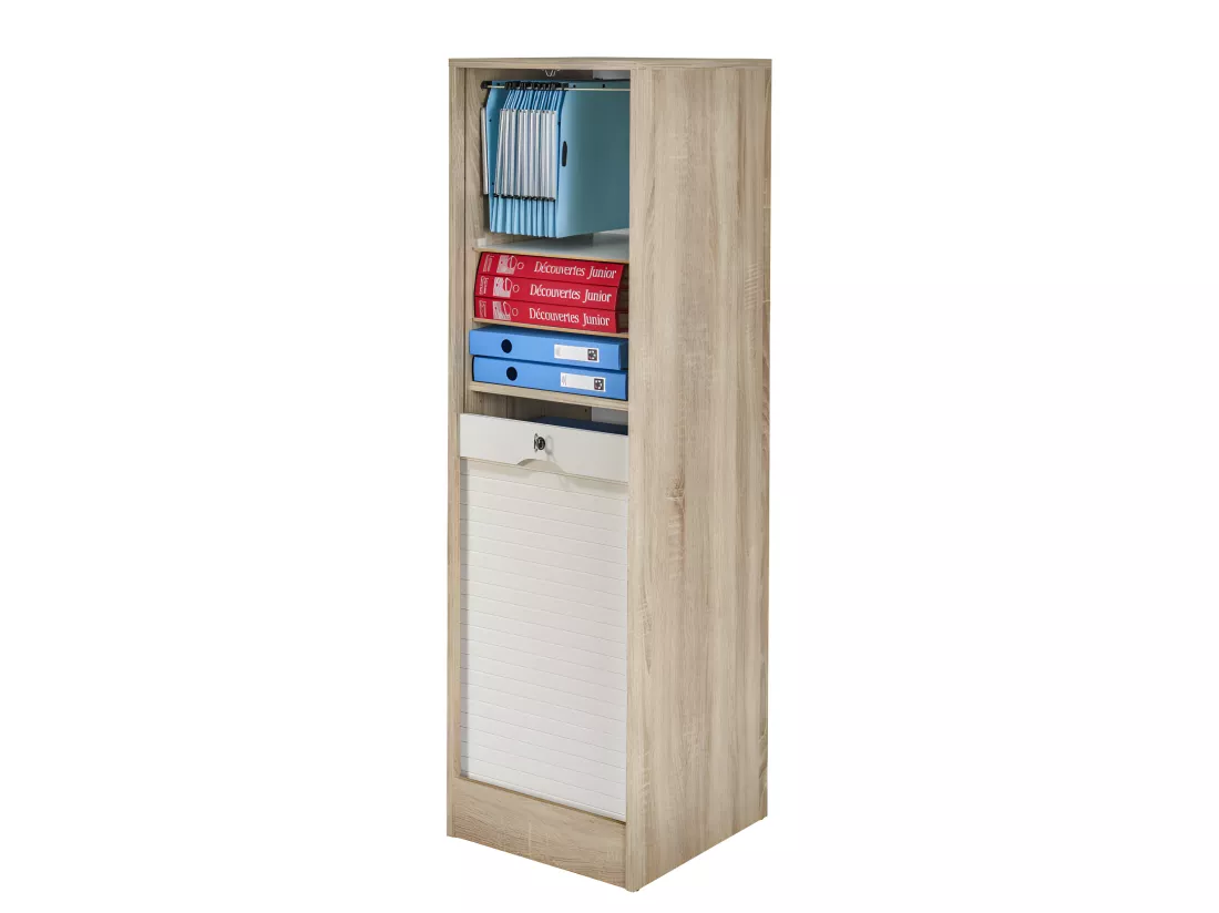 Classeur à Rideau 8 Tablettes 1 Kit Dossiers Serrure L 41,4 H 140,4 P 44 cm - Coloris: Chêne + Rideau Blanc