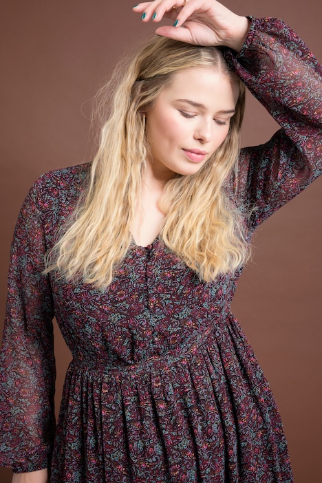 Maxikleid, A-Line, Paisley Print, V-Ausschnitt, elastische Taille, Langarm