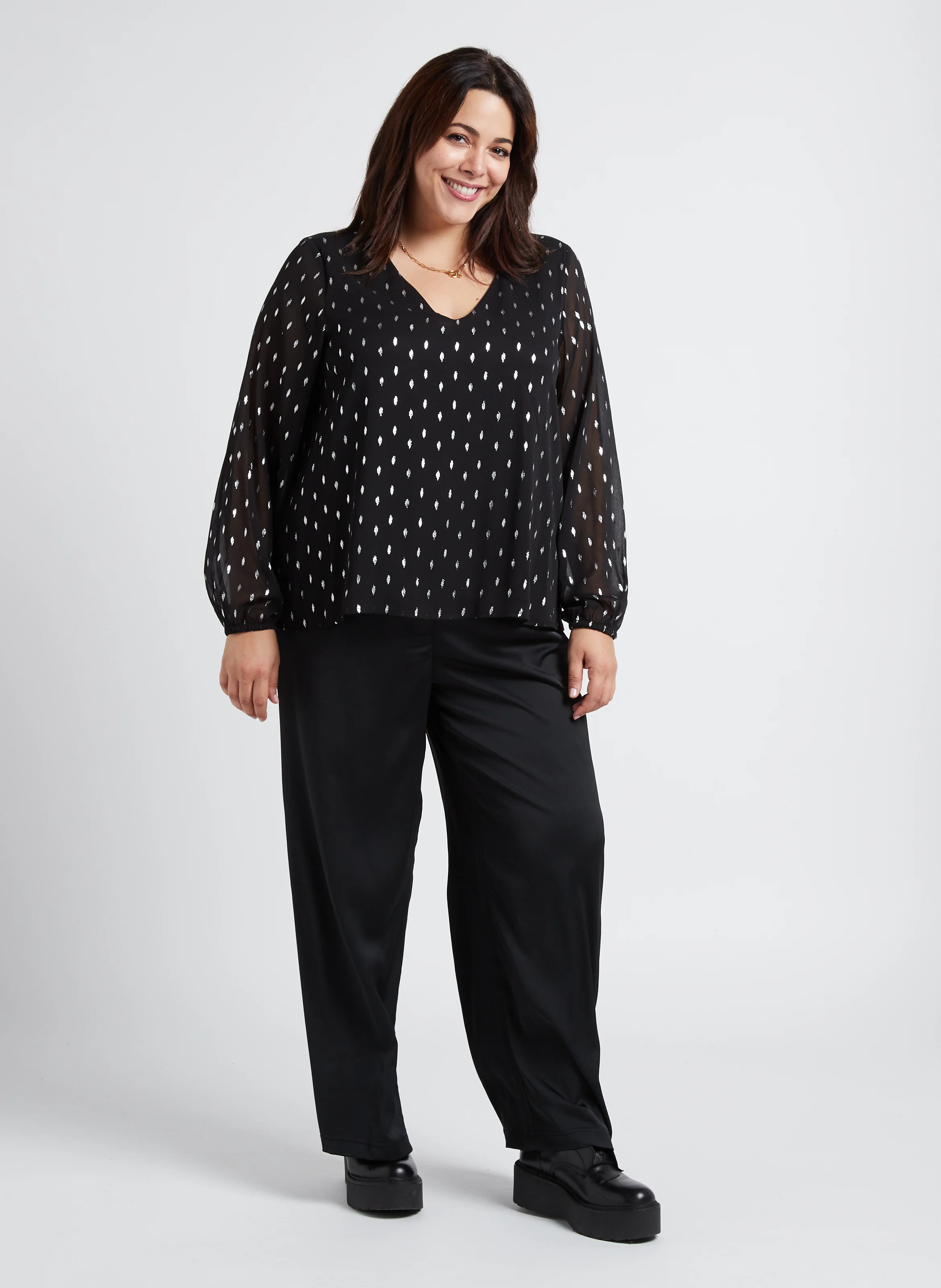 MINJA - Blouse col V imprimée pois | Noir