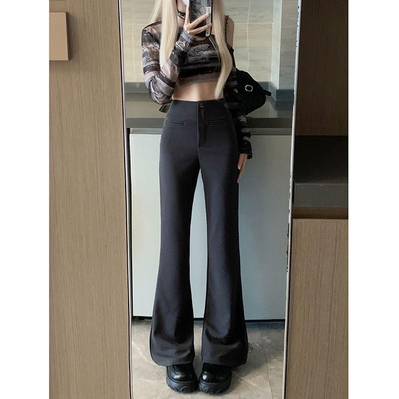 Flowerisque - Hoge taille effen uitlopende broek