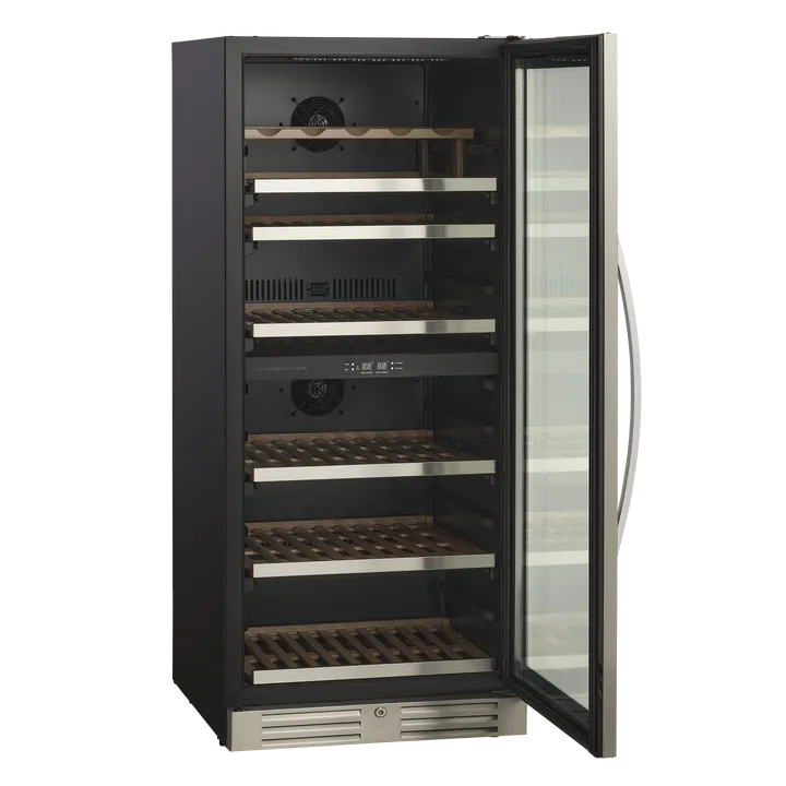 Scandomestic SV 104 X - Vinkøleskab - 2 Zoner - bredde: 59.5 cm - dybde: 72.4 cm - højde: 140 cm - 313 liter - rustfrit stål/sort - Optil 90 flasker
