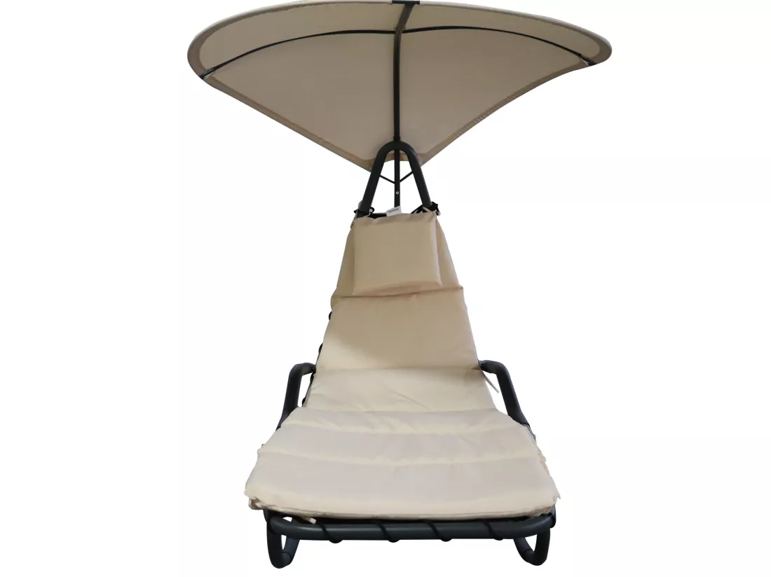 Bain de soleil transat à bascule design contemporain avec pare-soleil et matelas 1,65L x 1,25l x 1,84H m acier époxy noir polyester beige