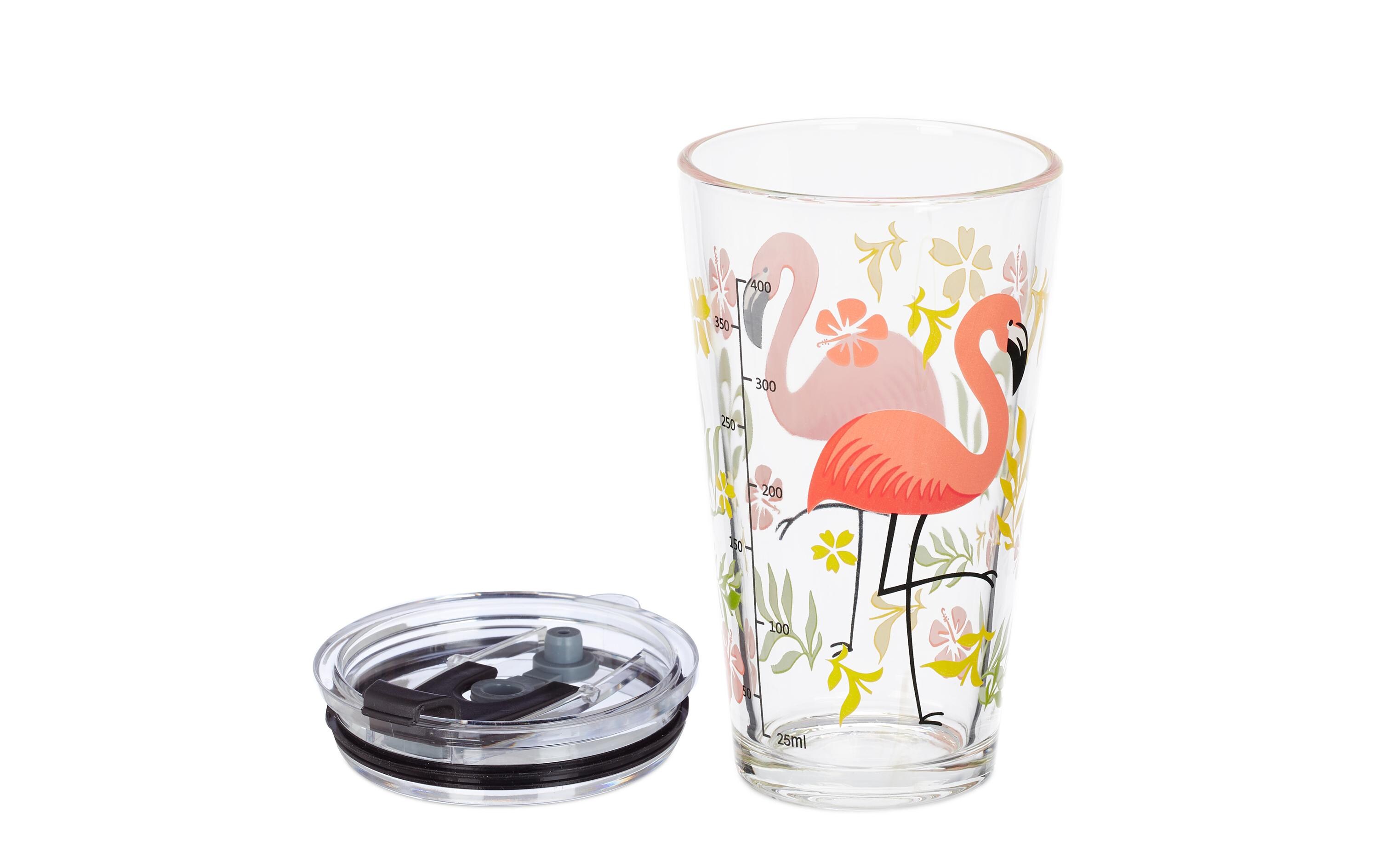 Trinkglas Flamingo 4 Stück, 450 mlGlas mit Deckel und Strohhalm
