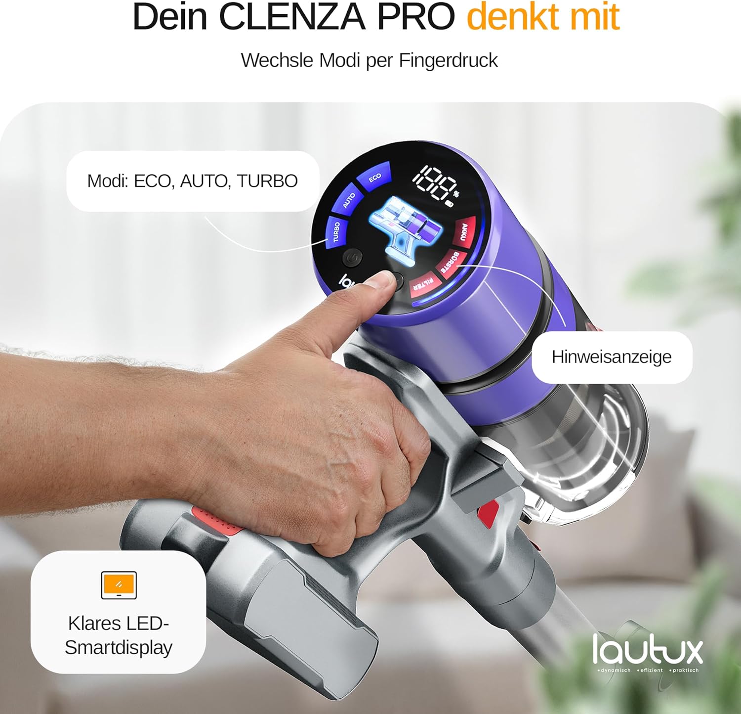 Clenza Pro – Kabelloser Akku-Staubsauger 36 kPa mit 3 Saugmodi, 70 Min Akku, starker Saugleistung, HEPA-Filter, Turbobürste für Tierhaare, LED-Display & praktische Wandhalterung
