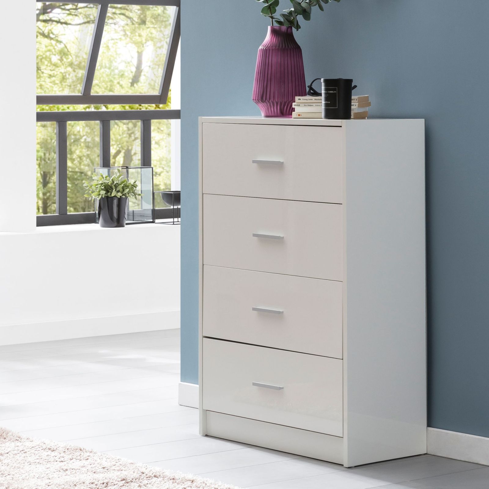 Sideboard - weiß Hochglanz-weiß - 4 Schubkästen - 90 cm hoch
