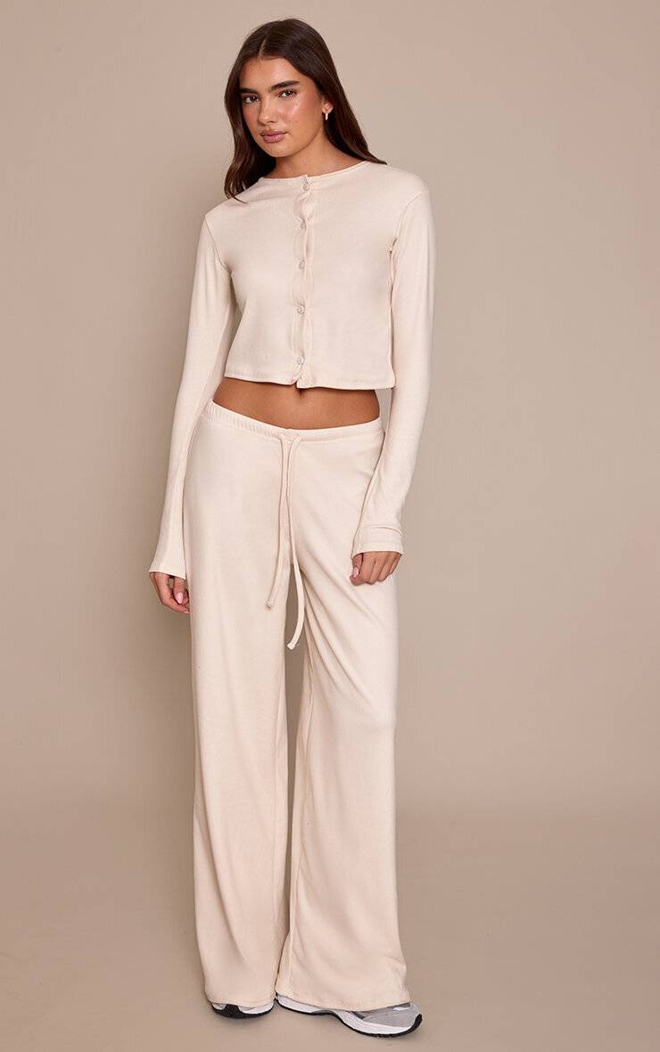 Crème Ensemble Coordonné Pantalon Toucher Doux À Taille Élastiquée