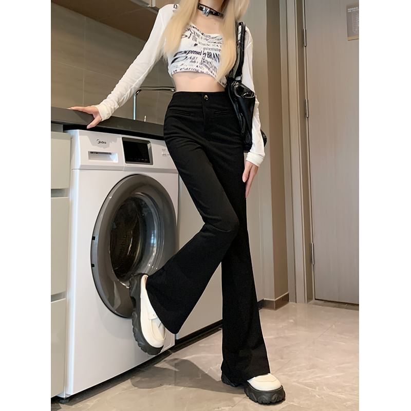 Flowerisque - Hoge taille effen uitlopende broek
