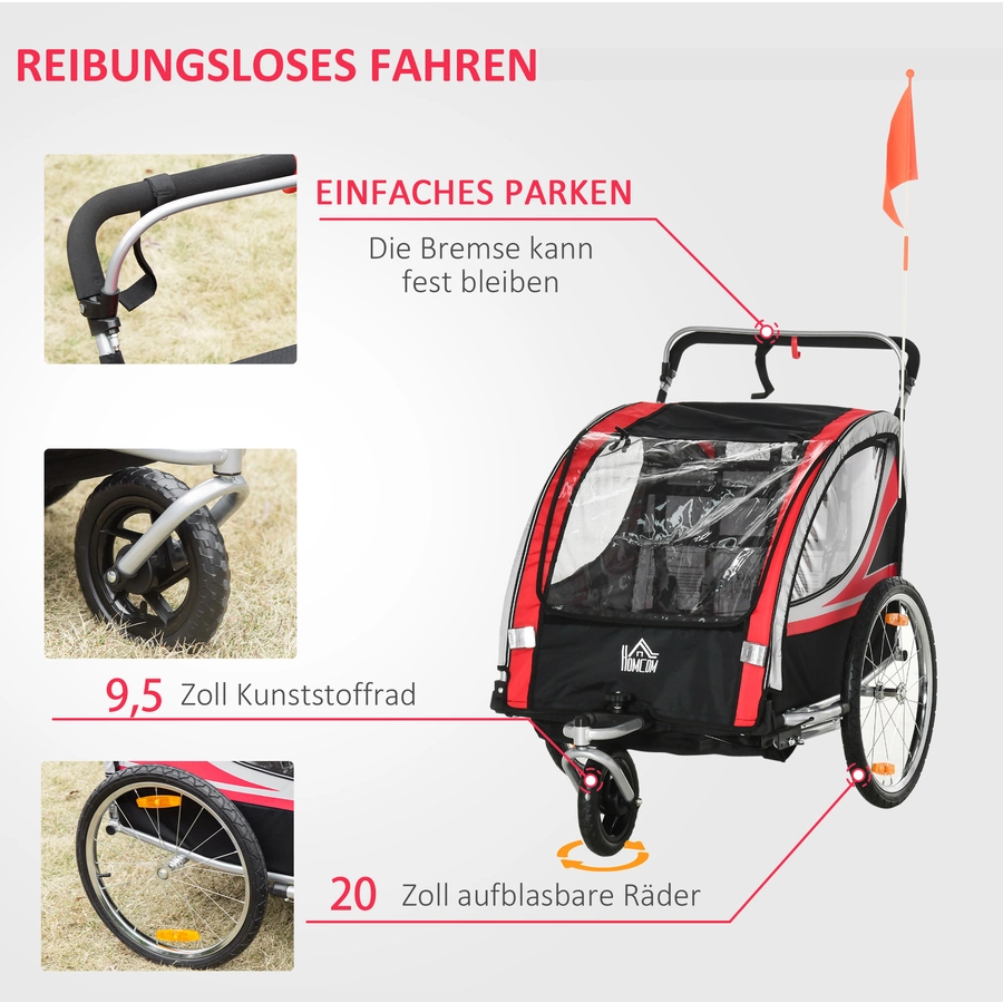 HOMCOM Kinderfahrradanhänger mit Aufbewahrungstasche rot, schwarz