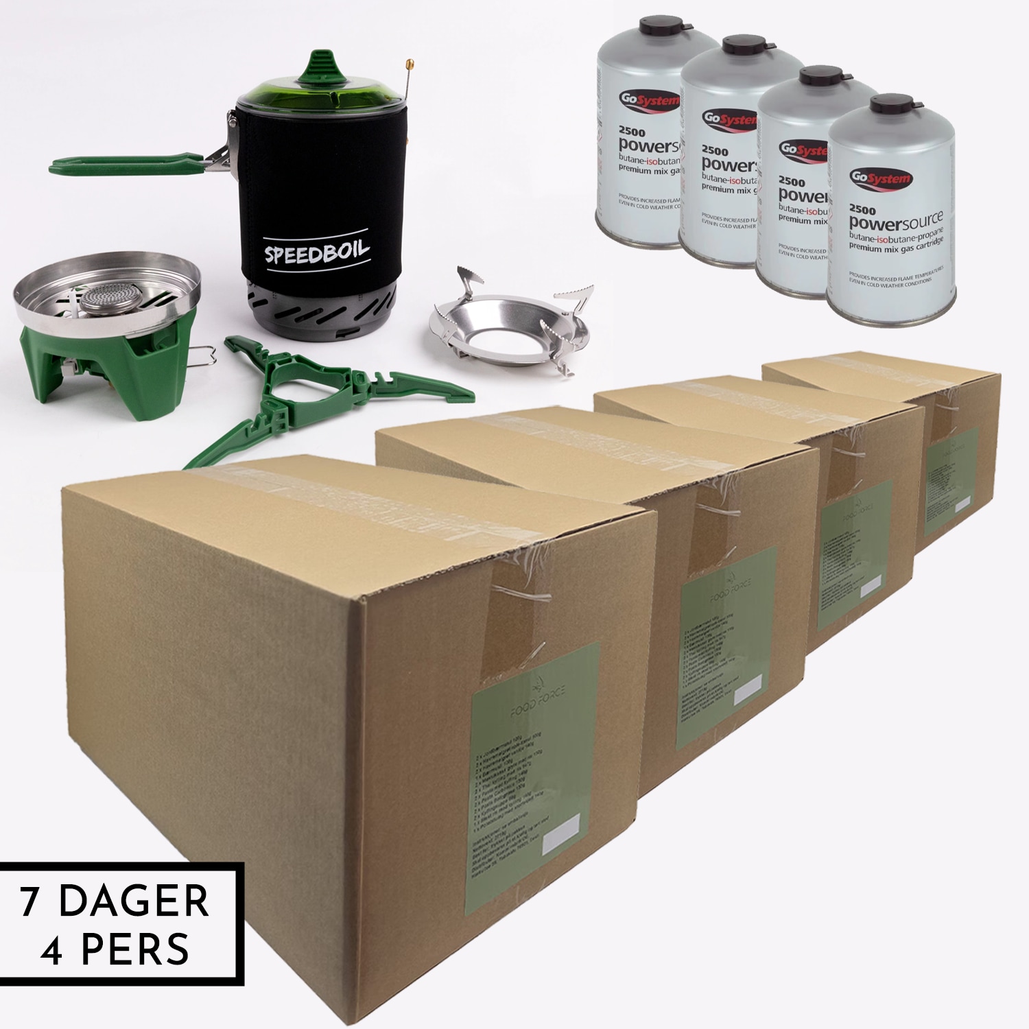 Beredskapspakke - 7 dager - 4 pers<br>84 måltider + kokesystem + 4 x gass