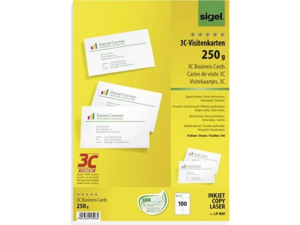Sigel Business Card 3C LP800 - Skinnende hvid - 85 x 55 mm - 250 g/m² - 100 kort (10 ark x 10) visitkort