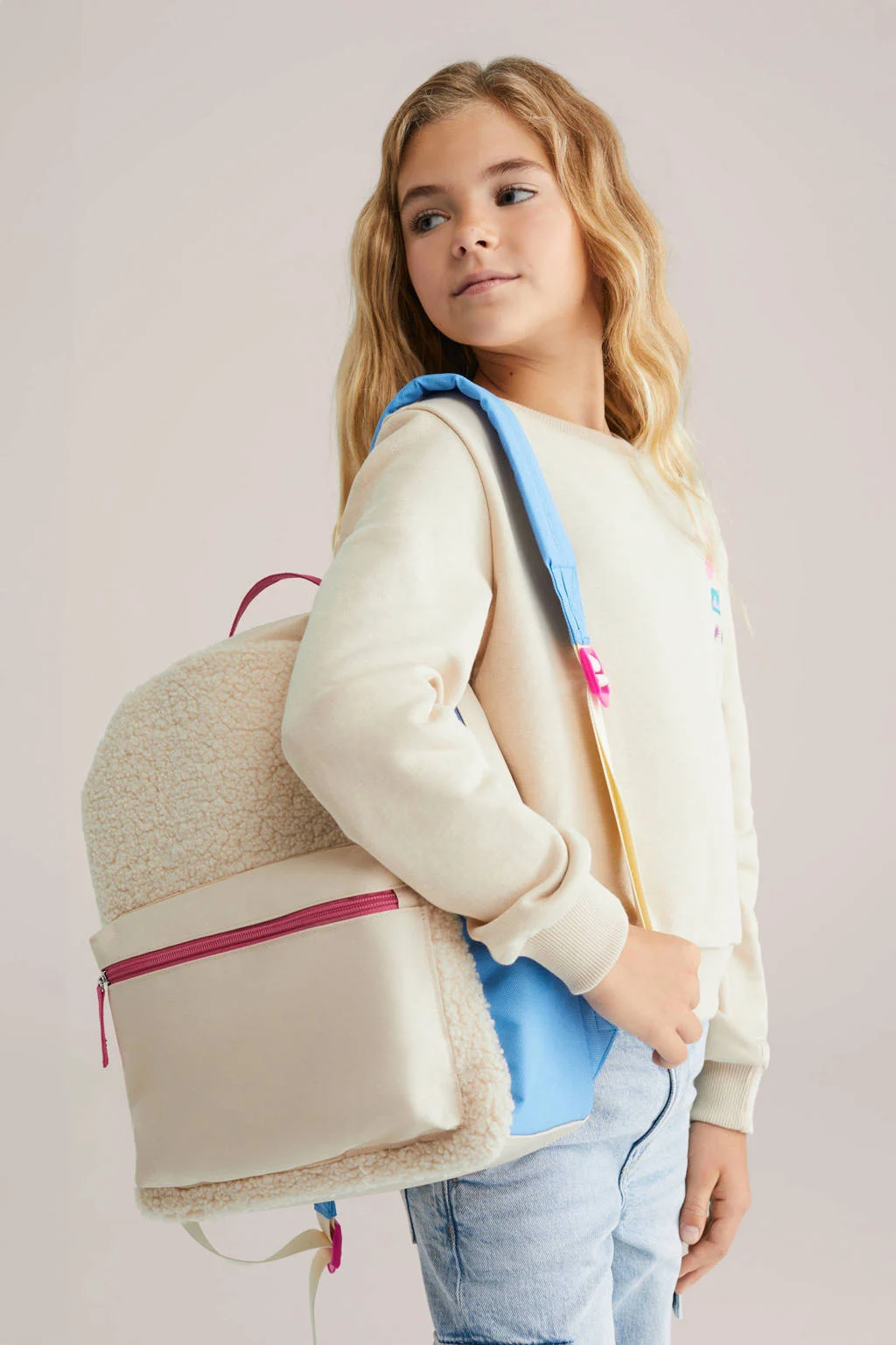 WE Fashion rugzak met teddy ecru
