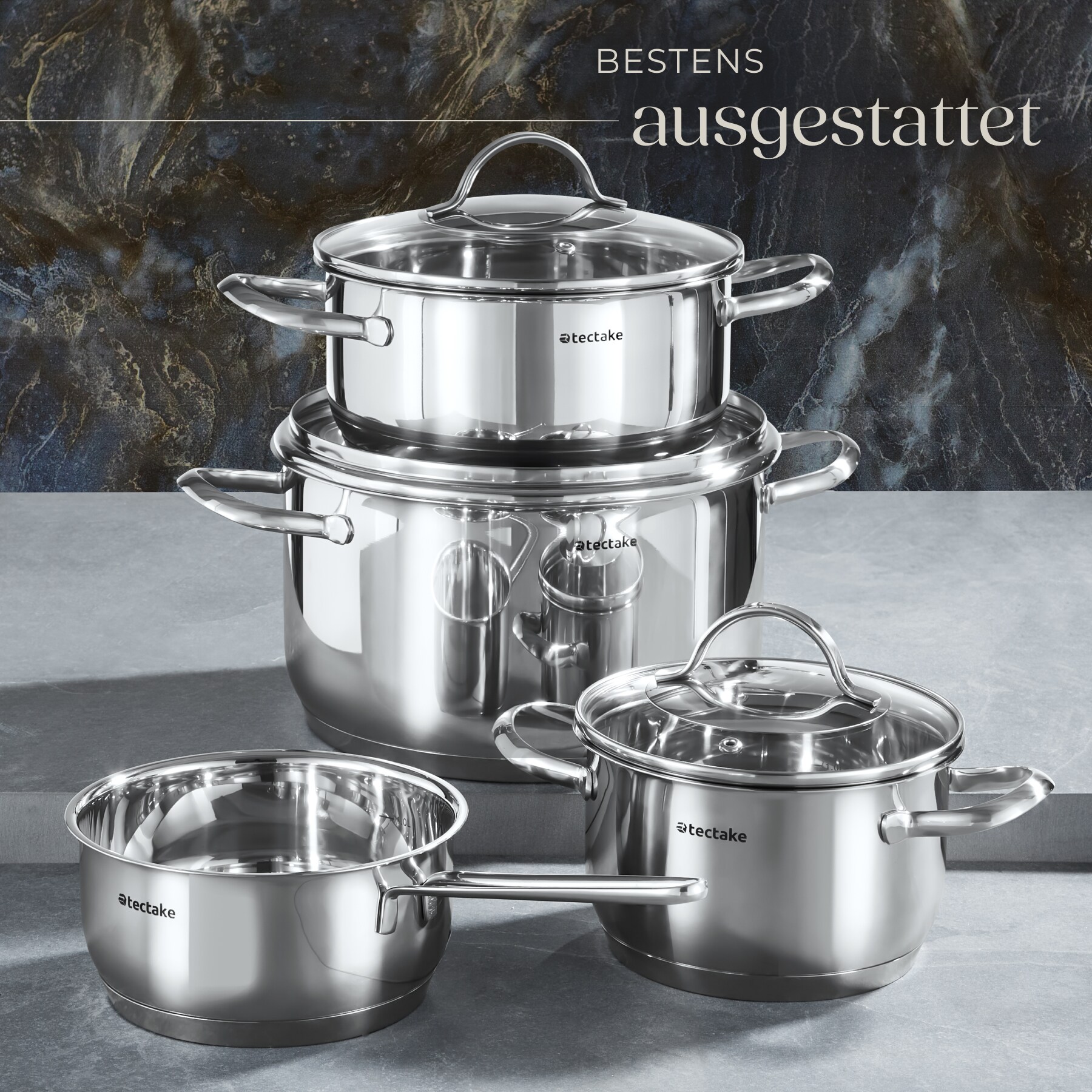 tectake® Kochtopfset, 7-teilig, aus Edelstahl, für Induktion geeignet, Glasdeckel mit Dampfabzug, integrierte Messskala in den Töpfen