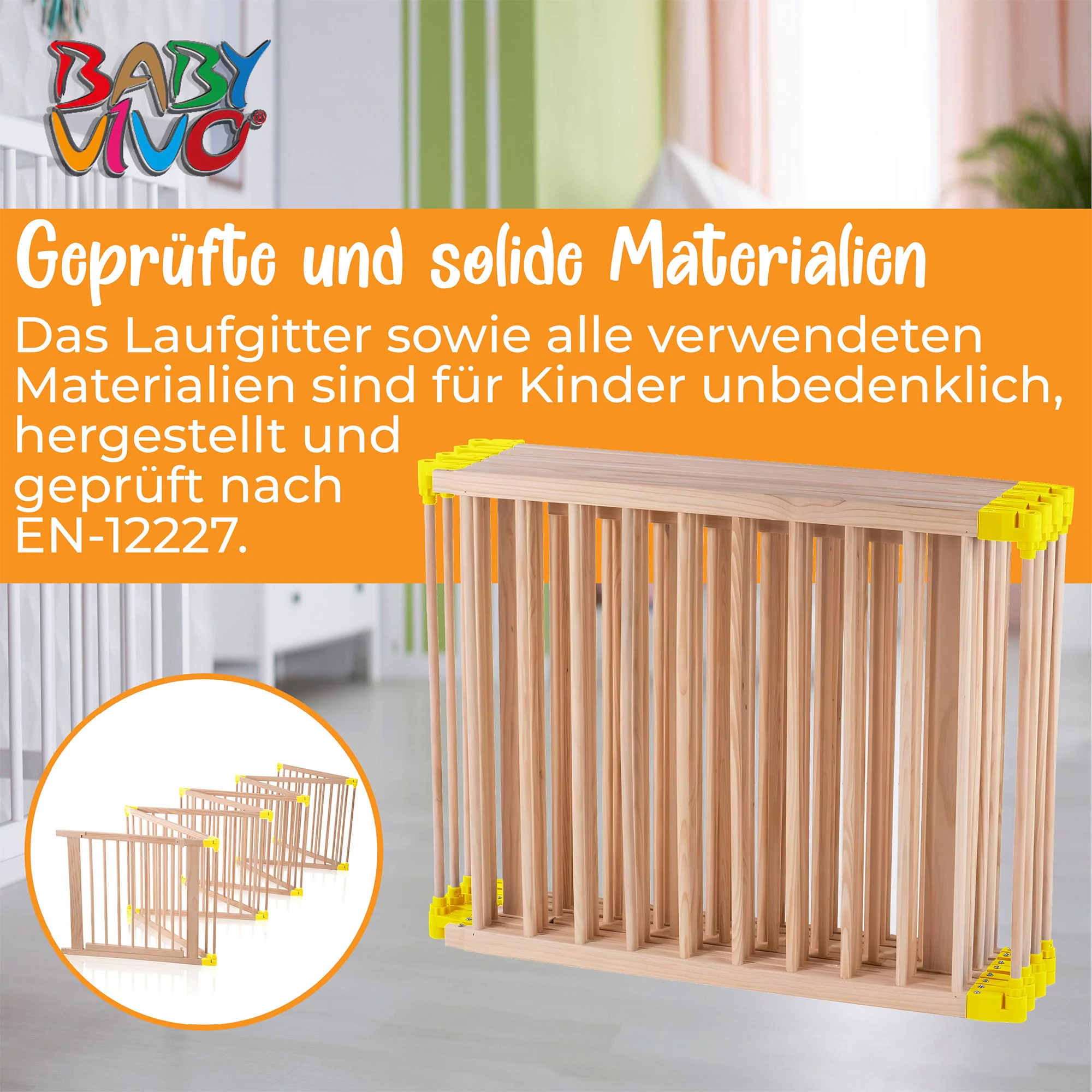 Baby Vivo Laufgitter aus Holz 8 Elemente - individuell verstellbar - PREMIUM in Gelb