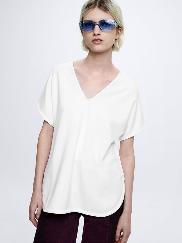 Camiseta básica com decote em V - Off-White