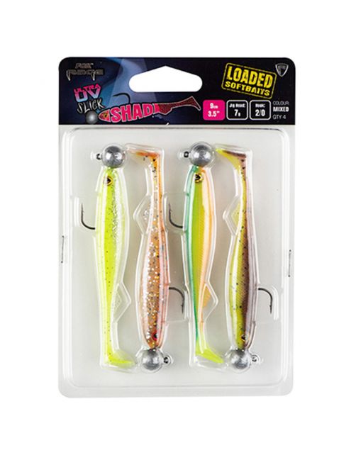 Fox Rage Slick Shad 9cm X4 Mixed Uv Colour Pack Loaded 7g 2\/0 Head - Softbait -