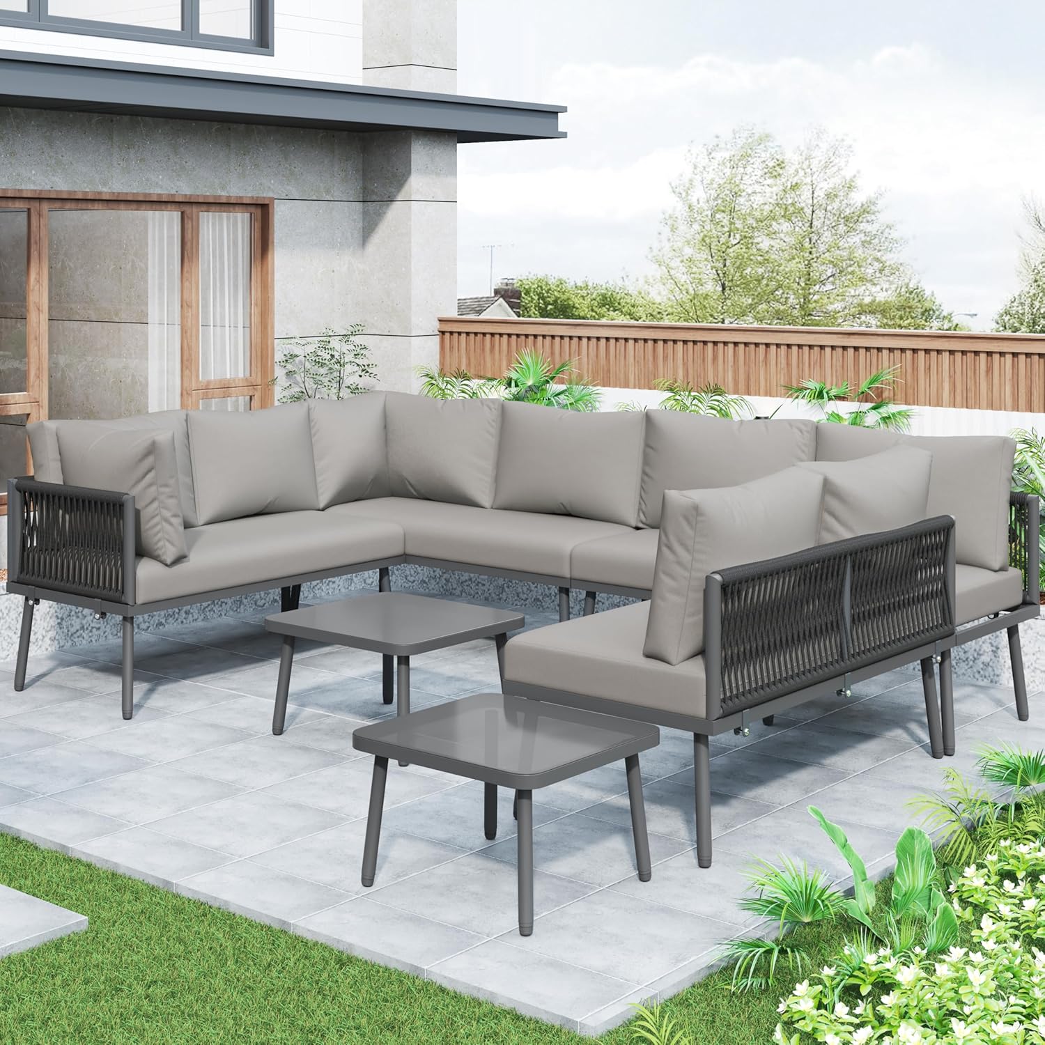 Merax Gartenmöbel Set, Balkonmöbel Gartenlounge Set für 6-8 Personen, Tisch & Kissen, U-förmiges Terrassenmöbel, Ecksofa-Set aus Eisen, Lounge Sitzgruppe, Outdoor, für Terrasse, Balkon, Garten, Grau