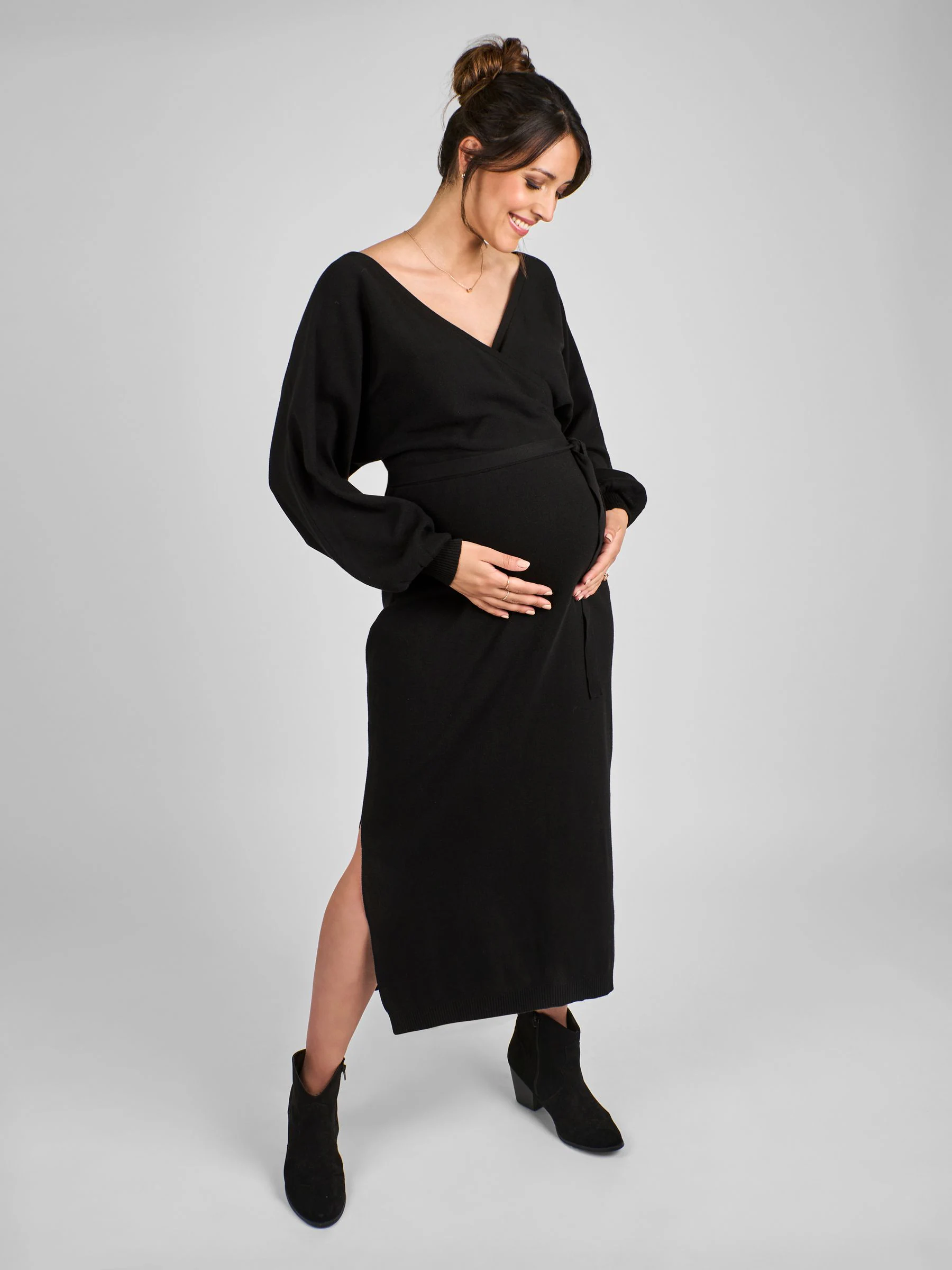 JoJo Maman Bébé Knitted Blouson Sleeve V-Neck Maternity Dress