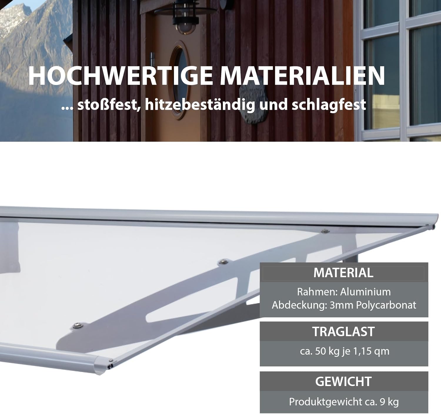 TRUTZHOLM Vordach für Haustür aus Aluminium und Polycarbonat 145 x 100 cm Haustürvordach Pultvordach Türdach Türvordach Haustür Dach