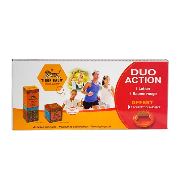 Kit Tiger Balm Duo: Loção de Ação 28ml + Bálsamo Vermelho 19g + Rolo de Massagem Grátis