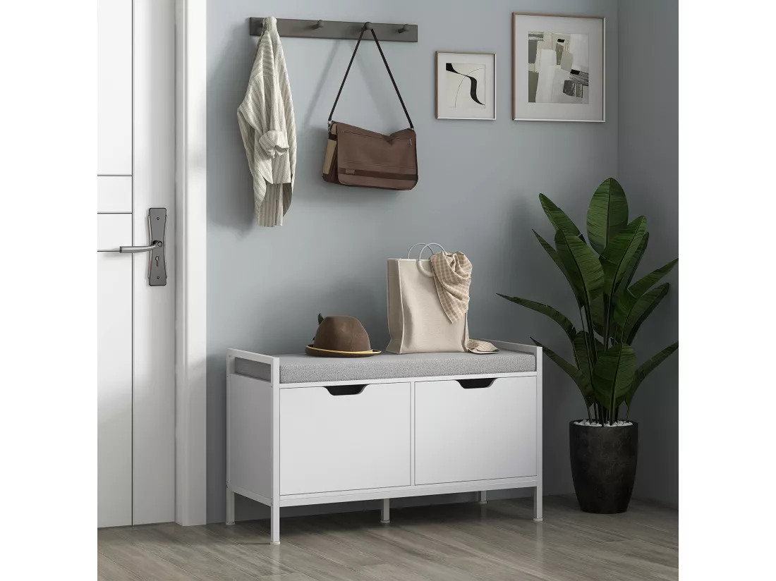 Banc à chaussures meuble à chaussures, 2 placards, meuble d'entrée avec coussin rembourrée, pour couloir, entrée, chambre, 84l x 35P x 50H cm, blanc