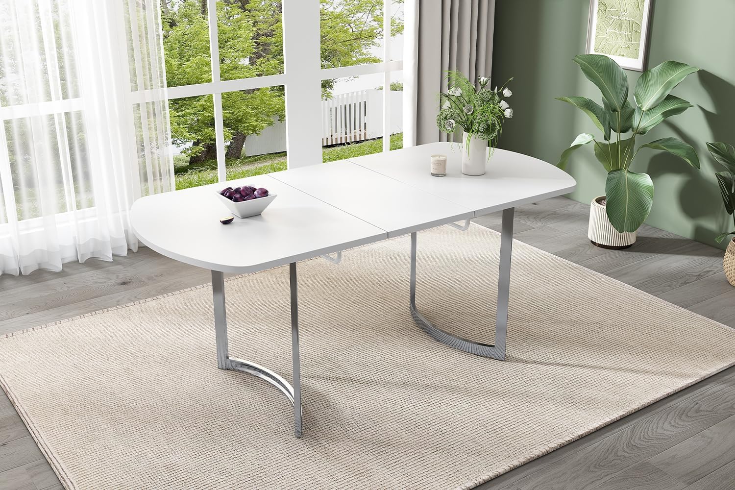 Bladez Ausziehbarer Esstisch 140-180 cm Oval | Luxus Versilberte Beinen | Weißer Küchentisch Modern Elegant | Für 6-8 Personen | MDF Tischplatte (Weiß+Versilberte)