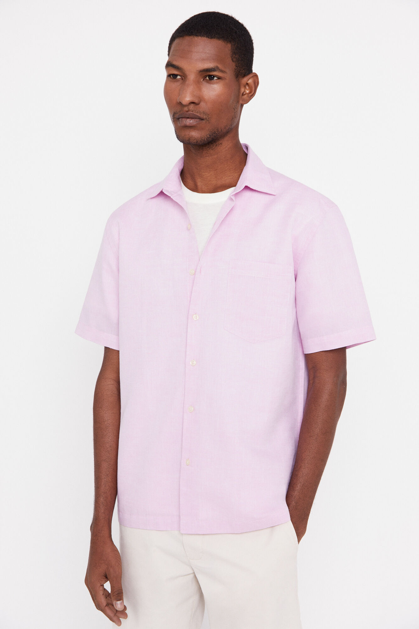Camisa lisa de linho e algodão de manga curta - Rosa