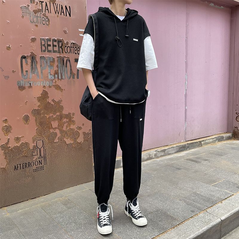 Diphon - Mock Two Piece Elbow Sleeve Hoodie + Plain Sweatshorts
