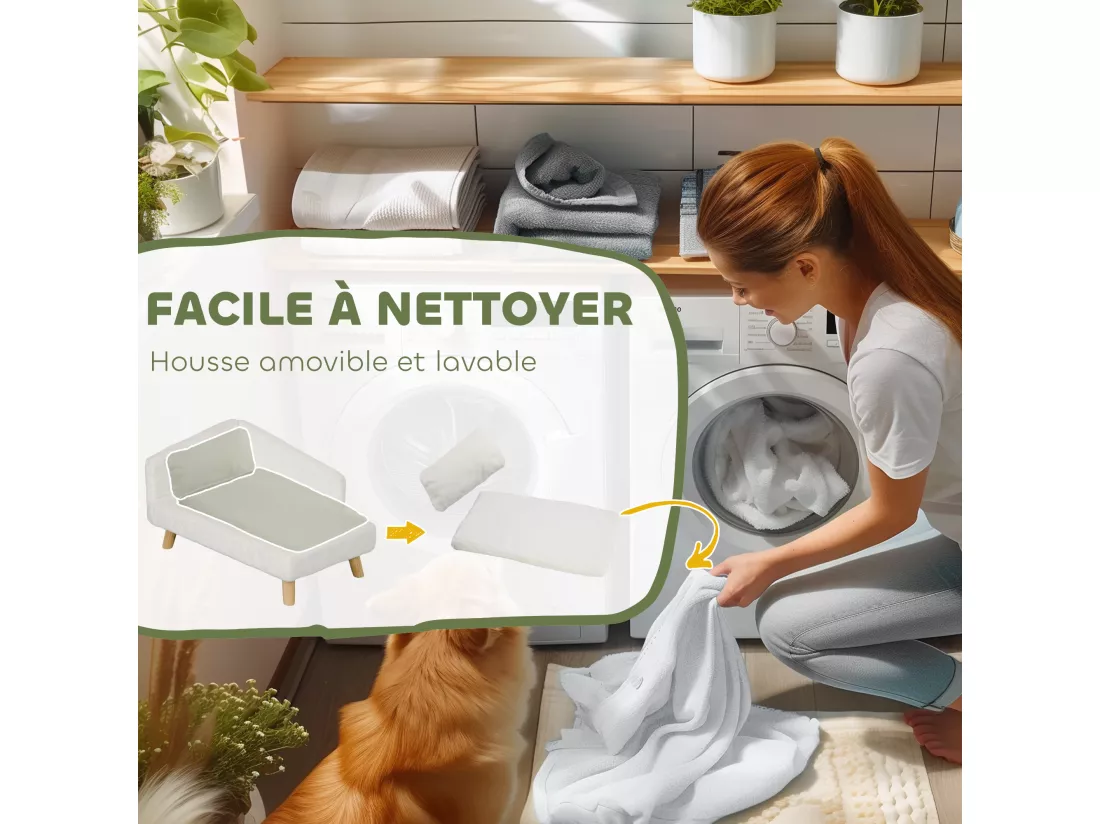 Canapé chien méridienne style scandinave 2 coussins déhoussables bois aspect fourrure crème