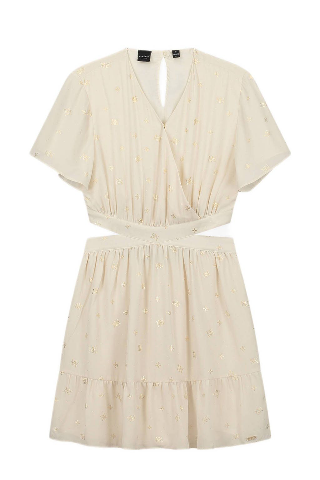 NIK&NIK jurk Shiva met all over print en volant beige/goud