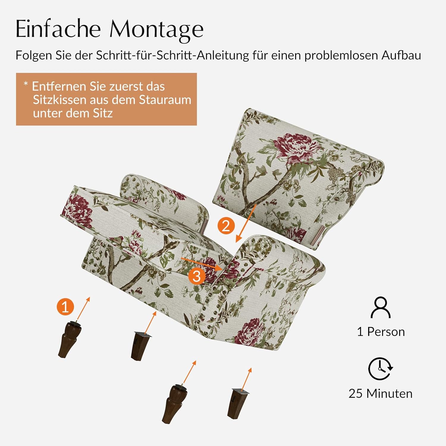 HULALA HOME Sessel gemütlich Ohrensessel Lesesessel bequem mit gerollten Armlehnen und Rücken Massivholzbeinen und Blumenmuster für Wohnzimmer Schlafzimmer, Weiß