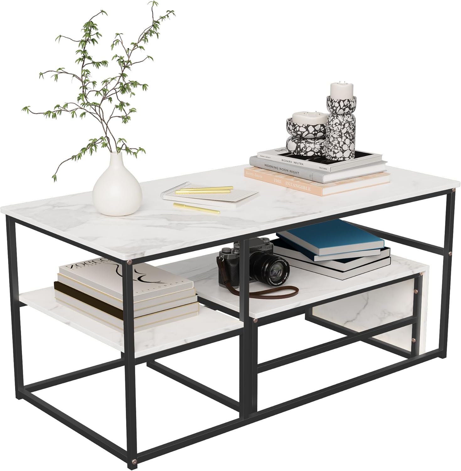 Couchtisch 2er Set, Moderne Couch Tisch mit Schwarz Rechteckiger Metallgestell & weiß Marmoreffekt, Couchtische aus Holz, Living Room Coffee Table, Kaffeetisch, Wohnzimmertisch für Wohnzimmer