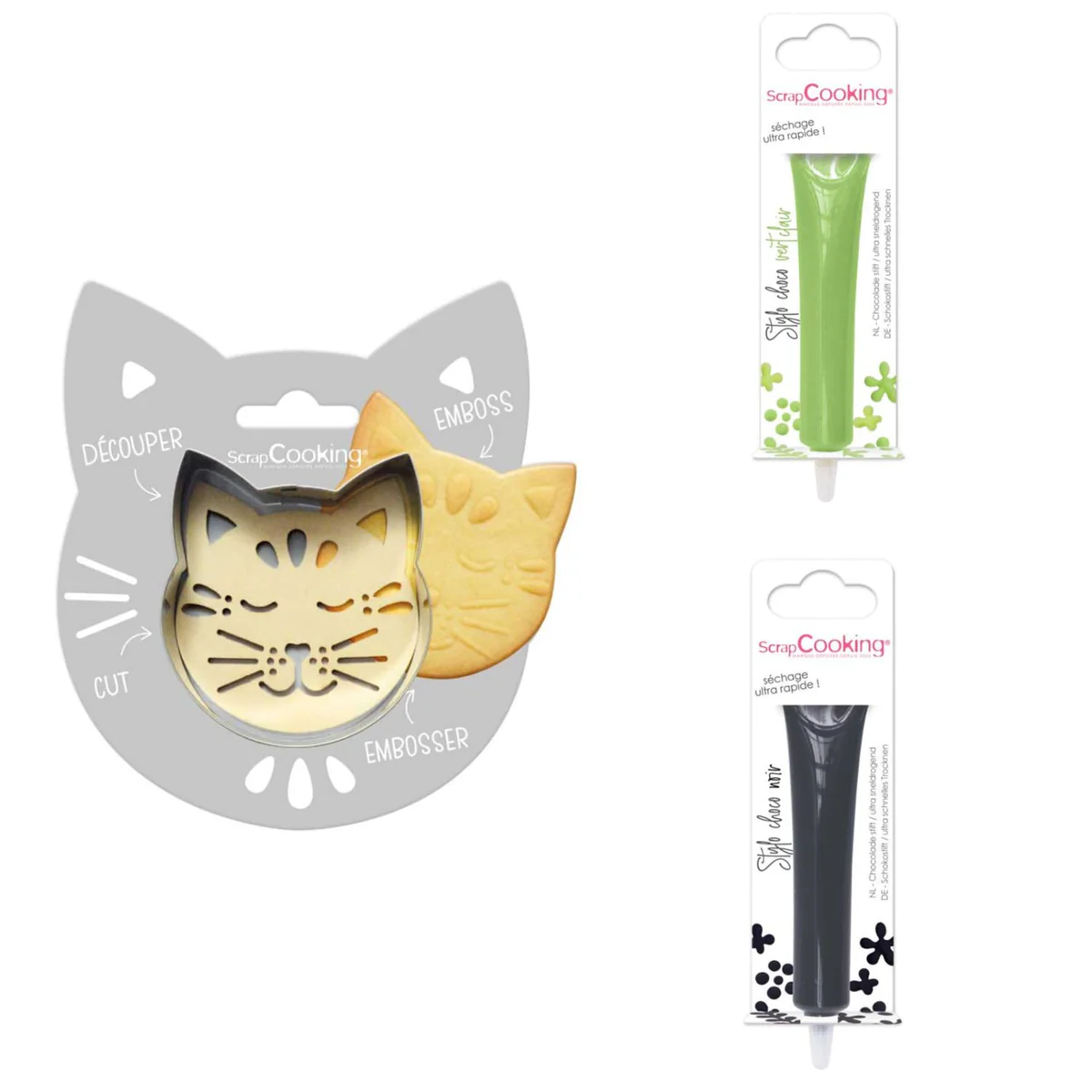 Kit pour biscuit en relief Chat + 2 Stylos au chocolat vert clair et n